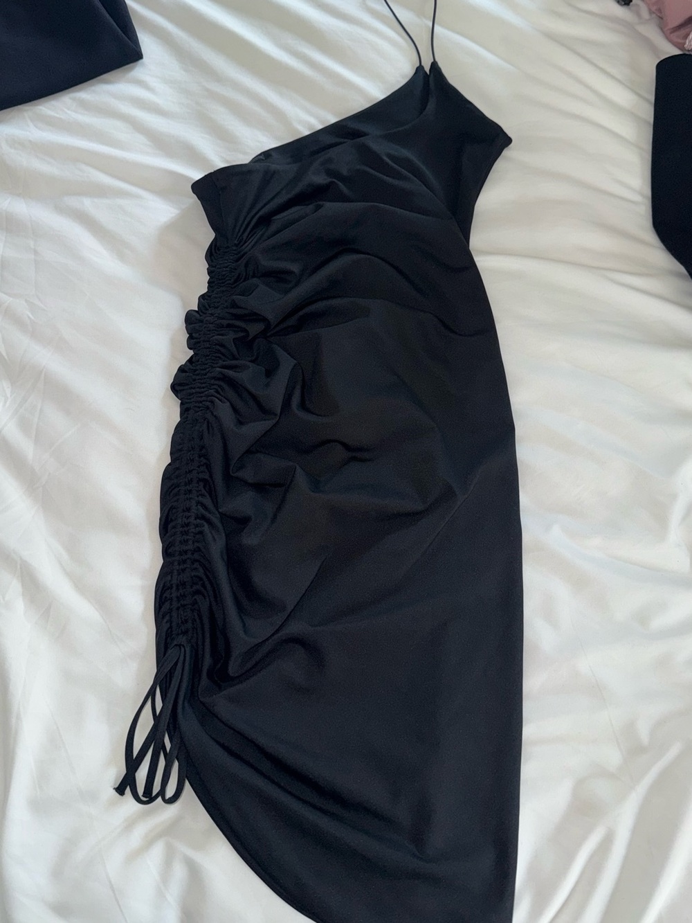 Oh Polly Black Asymmetrical Ruched Slip Dress